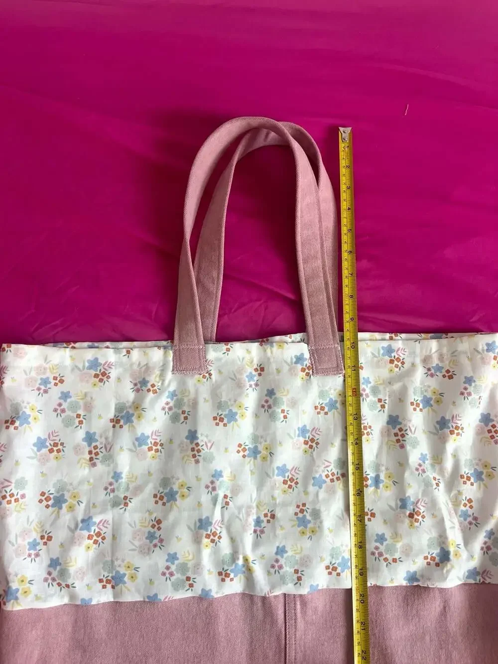 Handmade Cottagecore Pink Canvas and Floral Print Tote Bag
